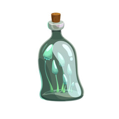 Potion bottle vector icon, glass flask with glowing mushrooms, magic elixir with wooden bung. Nature witch poison, cartoon element for magic game isolated on white background