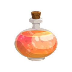 Potion bottle vector icon, magic elixir in glass flask with orange boiling liquid and corkwood bung. Cartoon design element for magic game. Witch poison, alchemy object isolated on white background