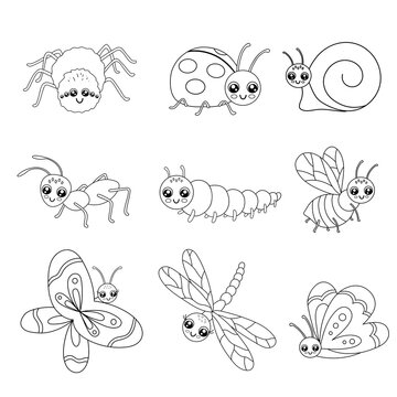 Set of Cute outline insects isolated on white background. Funny dragonfly, bee, butterfly and ant for childish coloring book. Cartoon vector line illustration
