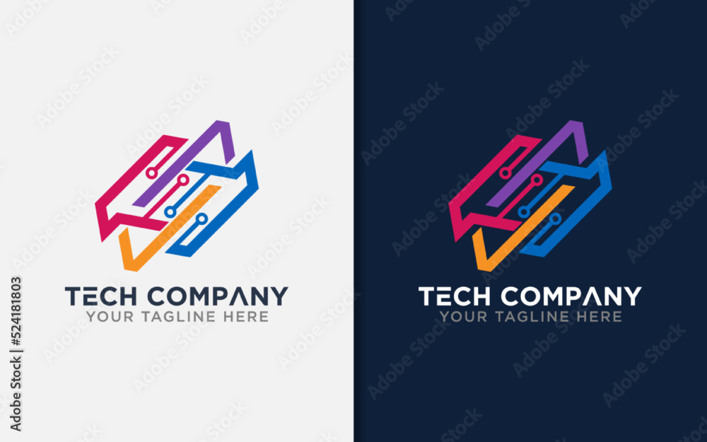 Poster Abstract Technology Design. Modern Stylish Tech Logo Design with Colorful Geometric Lines Combination Concept.