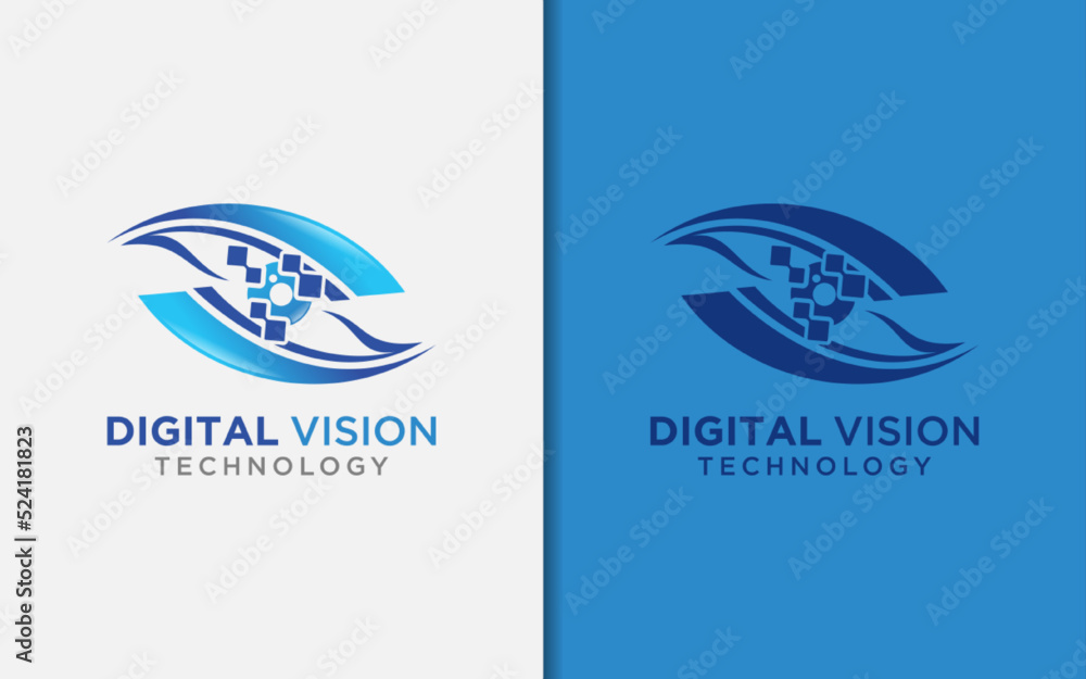 Poster Digital Vision Logo Design. Abstract Modern Eye with Tech Element Combination Concept.