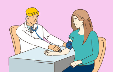 Doctor measuring patient's blood pressure using tonometer. Health care. Medicine. Heart rate. Flat cartoon vector illustration.