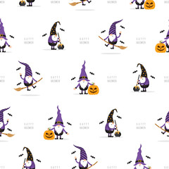 Seamless pattern with Halloween gnomes. Cute festive background for spooky night. Vector illustration in flat cartoon style. Perfect for fabric, package paper, wallpaper, greeting cards.