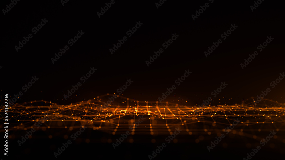 Fototapete Digital Cyberspace And Particles Wave Flow, Digital Network and Blockchain Connections. Technology Digital Gold Color Abstract Background 3d Rendering