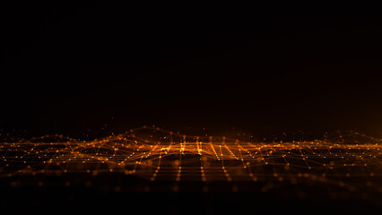 Digital Cyberspace And Particles Wave Flow, Digital Network and Blockchain Connections. Technology Digital Gold Color Abstract Background 3d Rendering