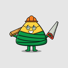 Cute cartoon chinese rice dumpling as carpenter character with saw and wood in flat modern style design