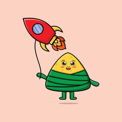 Cute cartoon chinese rice dumpling floating with rocket balloon cartoon vector illustration 