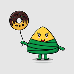 Cute cartoon chinese rice dumpling floating with donuts balloon cartoon vector illustration 