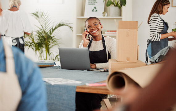 Online order, phone call and fashion designer talking, listening and discussing clothes design. Workshop, studio or boutique tailor packing trendy, stylish and fashionable gift for courier delivery - Powered by Adobe