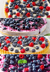 Collage made of different cheescakes with berries.