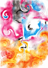 Abstract image with swirls, lines and areas of color in blue, pink, black, orange and red in watercolor with splashes and swooshes