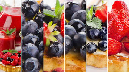Collage made ofsmoothie with sweet cake and fresh berries.