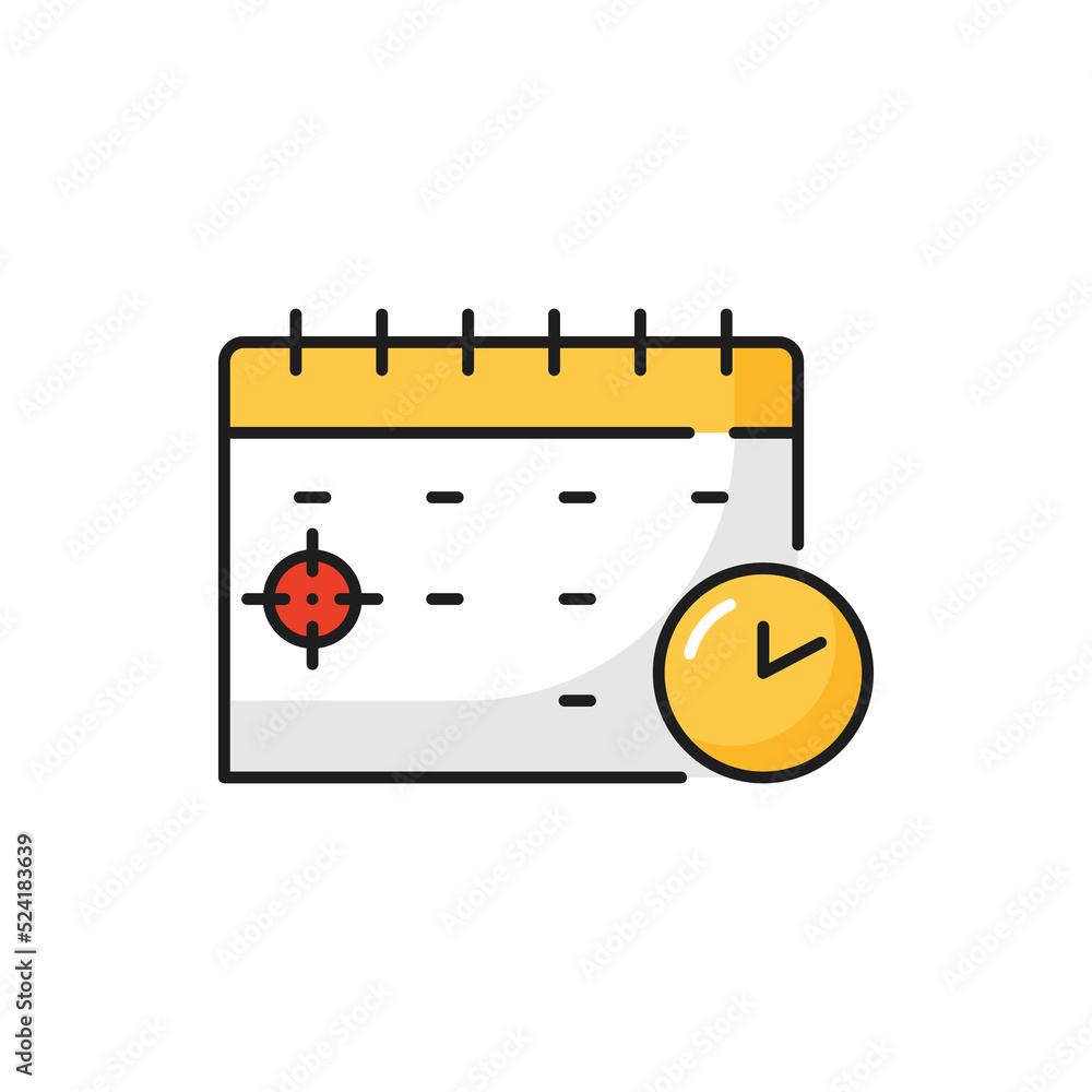 Poster Business planning and work schedule color outline icon with calendar. Strategy planning time, deadline appointment and event reminder thin line vector pictogram or minimalistic symbol