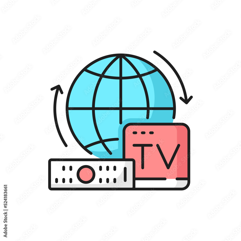 Poster internet television and media outline icon tv box, remote control and globe. online tv and multimedi