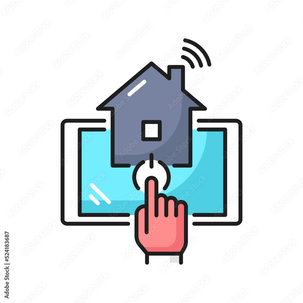 Poster Smart house technology outline icon. Internet of things, home remote control and automation thin line vector icon or minimalistic pictogram with house and hand pressing button on mobile device