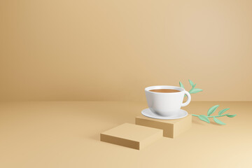 Cup of coffee on geometric podium stand in brown background 3D illustration
