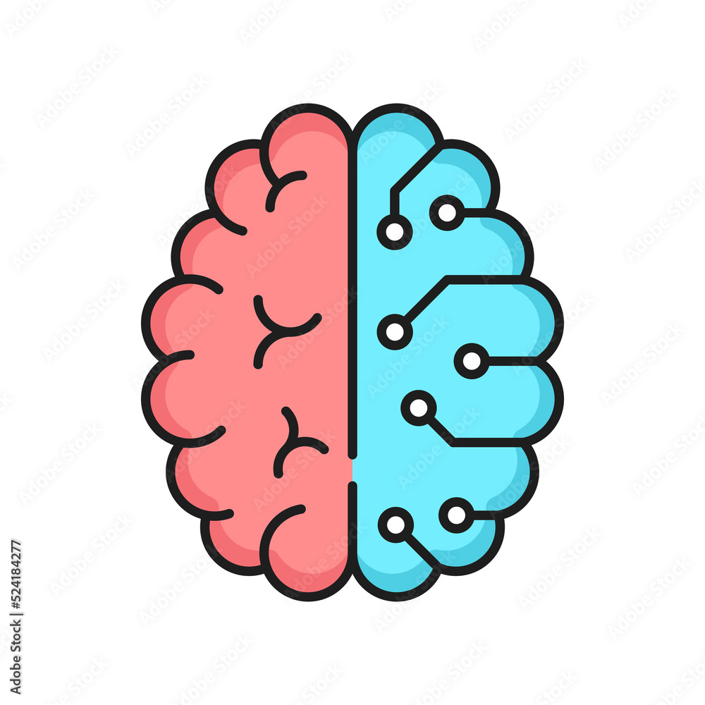 Poster Artificial intelligence, digital technology outline icon with human brain and computer circuit. Data cloud storage, neural or cybernetic science and robot learning thin line vector symbol or pictogram