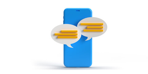 Vertical blue Smart mobile phone with online dialog speech bubbles coming off device screen, 3D rendered. Chat conversation balloon template. White background with clipping path and copy space