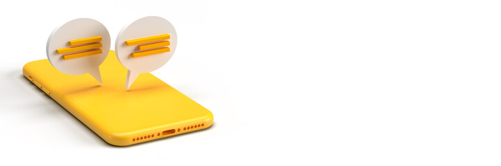 Yellow Smart mobile phone with online dialog speech bubbles coming off device screen, 3D rendered flat lay. Chat conversation balloon template. White background with clipping path and copy space