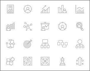 Simple Set of strategy Related Vector Line Icons. Contains such Icons as goals, success, logic, graphs, reports, business, growth, targets and more.