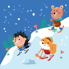 Cute bear and fox, hedgehog in cartoon style. Forest animals on skis. Funny characters on the mountain in winter. Vector illustration.