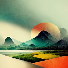 Fotobehang Colorful abstract mixed media grunge landscape background. Modern nature design. 3D illustration. © Bisams