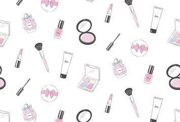 seamless pattern with a set of hand drawn make up icons for banners, cards, flyers, social media wallpapers, etc.