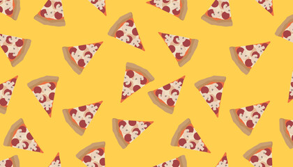 Many slices of delicious pizza on yellow background. Pattern for design