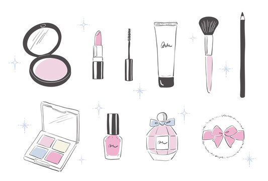 vector background with a set of hand drawn make up icons for banners, cards, flyers, social media wallpapers, etc.