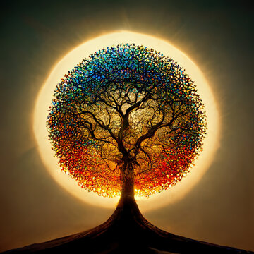 Beautiful tree of life, sacred symbol. Individuality, prosperity and growth concept. 3D illustration