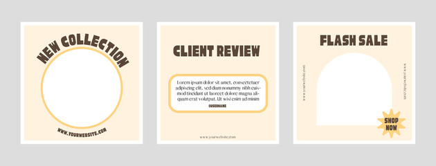 Sale announcement social media ig post template with frame. Retro minimalist design. Vector set of square posters with vintage typeface. Client review and flash sale advertisement banner.