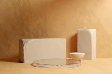 Beige stone room with glass podium. Two white sandstone blocks and half-sphere on natural beige stone with soft shadow. Concept of shop product or cosmetic display stand background, mock up. 3d render