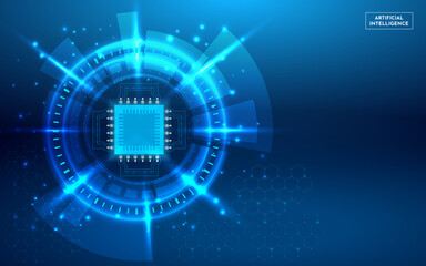 Futuristic Artificial intelligence background. Technology Science Day background with chipset, hand and geometric elements vector.