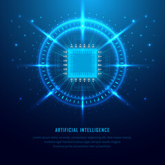 Modern Artificial intelligence background. Technology Science Day background with chipset, hand and geometric elements vector.