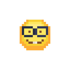 Nerd face. Smiling emoticon wearing eyeglasses, emoji, smiley. Pixel art style. Funny cartoon character. Web icon. Facial expression. 8-bit style. Isolated abstract vector illustration.