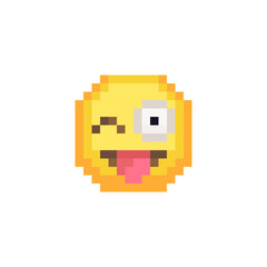 Winking face with tongue. Smile icon. Pixel art flat style. Show the language of emotion. Tease emotions. Cartoon style. 8-bit. Isolated abstract vector illustration.