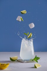 Refreshing summer cocktail with lime and mint, mojito with ice, food levitation on blue background, with copy space 