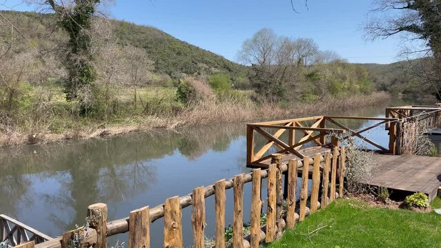 Peaceful Riverside Footage in Nature with Natural Wooden Fences and Terrace, River Overview, Agva, Sile, Istanbul,Turkey