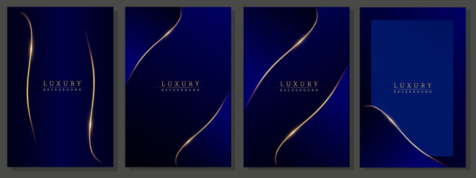 Luxury gold and blue covers. Modern design, wavy gold lines and shiny on gradient  background. Elegant pattern for business, deluxe events, invitations.
