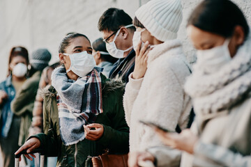 Travel restriction, Covid and face mask requirement for protection. Illness and public safety problems with commute in crowd. Risk of infection with global sickness or international disease. - obrazy, fototapety, plakaty