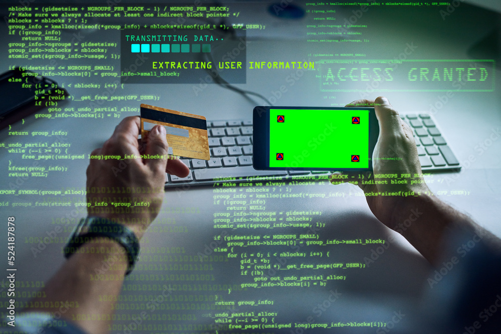 Aufkleber hacking credit card with phone, green screen chromakey markers or copy space and sci fi graphic data