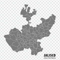 Obraz premium State Jalisco of Mexico map on transparent background. Blank map of Jalisco with regions in gray for your web site design, logo, app, UI. Mexico. EPS10.