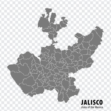 State Jalisco of Mexico map on transparent background. Blank map of  Jalisco with  regions in gray for your web site design, logo, app, UI. Mexico. EPS10.