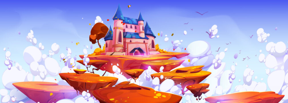 Pink magic castle on floating island in blue sky with fluffy clouds. Fantasy autumn landscape with royal palace and flying ground pieces with bright trees in heaven, Cartoon vector illustration