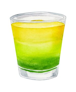 Rainbow green cocktail watercolor hand drawn illustration. Drink clipart on white background.