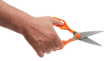 Hand with metal scissors with orange plastic handles. Isolated on white background with clipping path