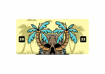 Two coconut trees growing on a skull illustration