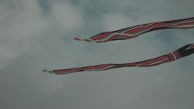 Balinese Traditional Kites JANGGAN (Red White Black Long Tail Bird Dragon) on Bali Kite Festival Summer Blue Sky Slow Motion
