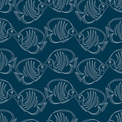 Seamless background of fish Continuous one line drawing. Sketch on a blue background. Hand-drawn vector