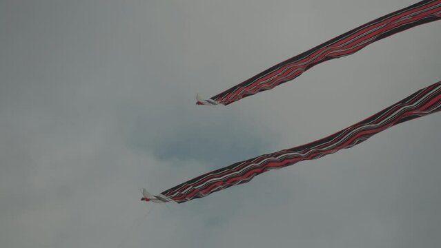 Balinese Traditional Kites JANGGAN (Red White Black Long Tail Bird Dragon) on Bali Kite Festival Summer Blue Sky Slow Motion